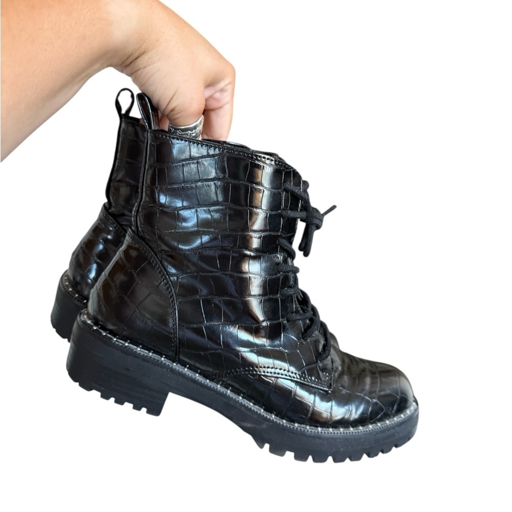 Black Croc-Embossed Combat Boots w/ Studs
